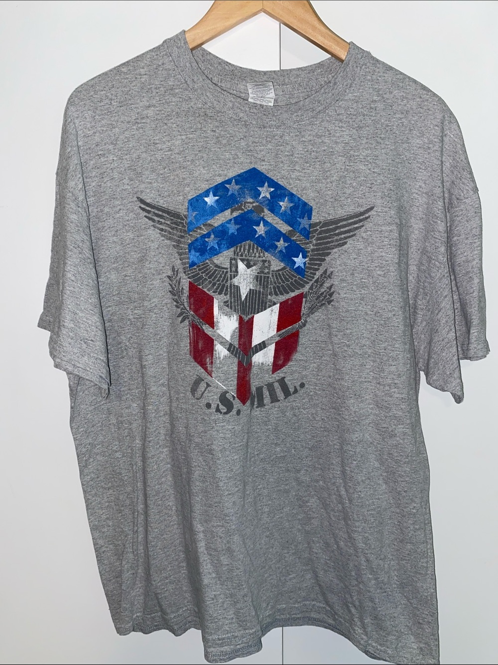 Gildan Gray Short Sleeve Tee with Red, White & Blue Military Shield Graphic